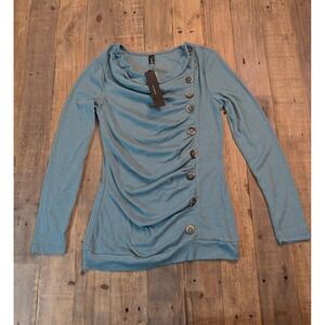 Allegra K Top Women's XS Dusty Blue Asymmetrical Button Long Sleeve‎ Tunic NWT